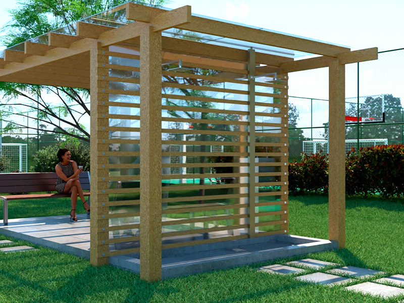 Pérgola com réguas de vidro e estrutura de alumínio